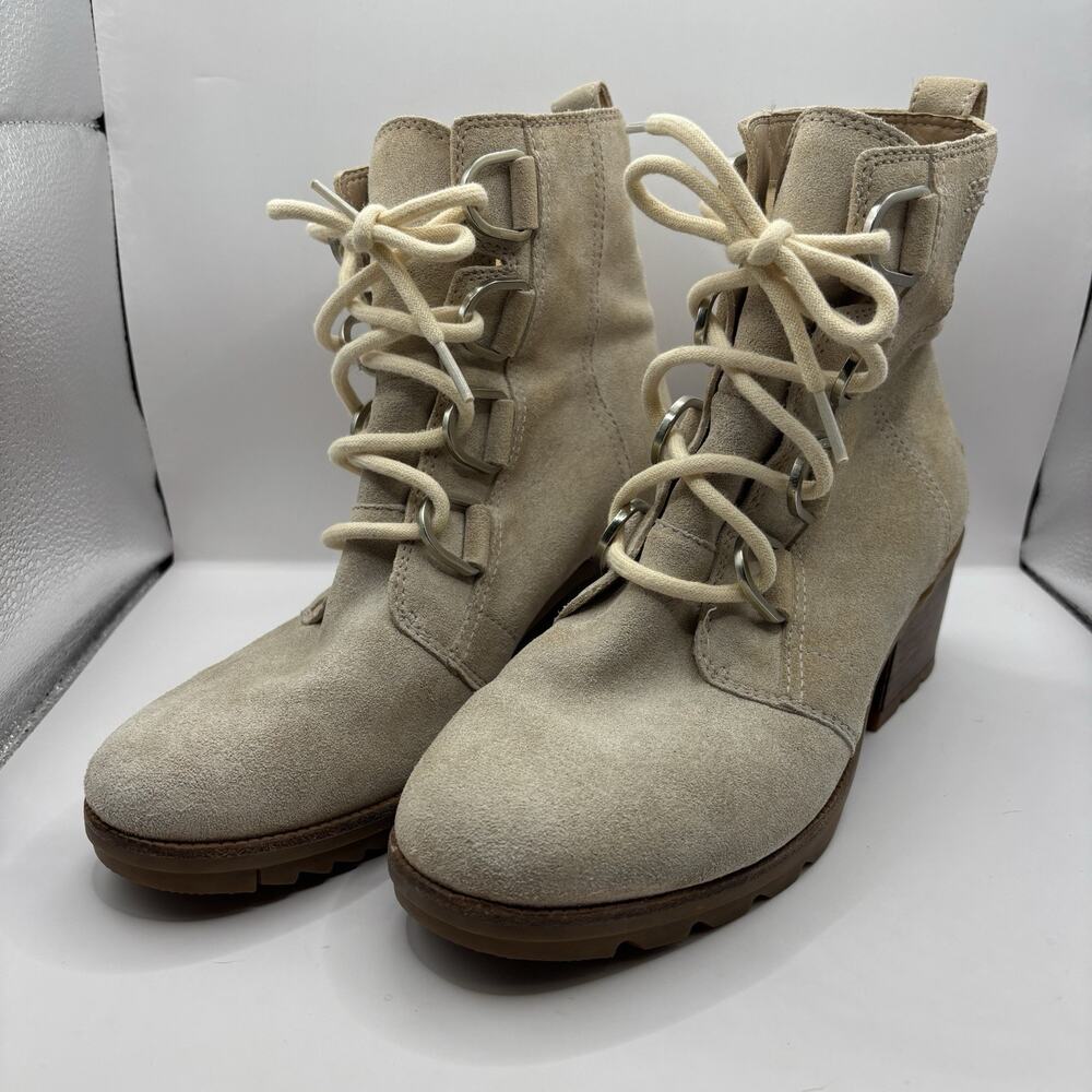 Sorel Cate Lace Waterproof Suede Boots Omega Taupe Heeled Ankle Bootie 7.5